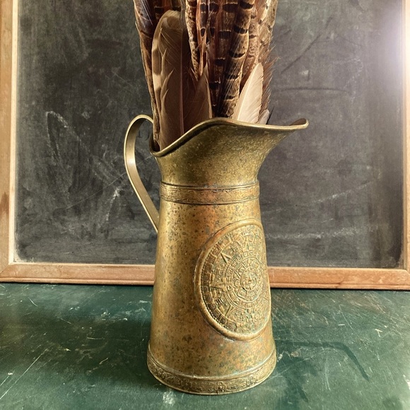 vintage Aztec mayan calendar pitcher vase : brass + copper : handmade